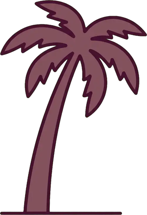 Illustrated silhouette of a single leaning palm tree, in the same flat postcard style, on a transparent background.