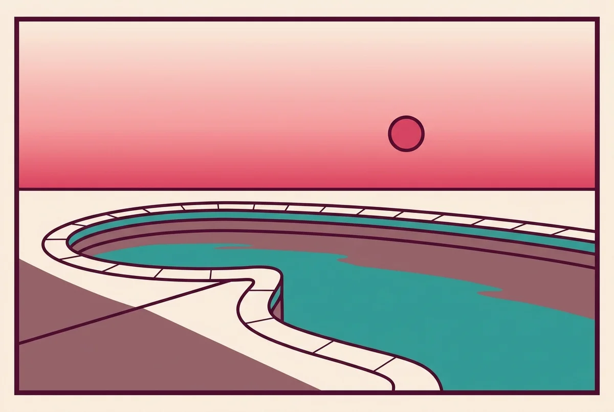 Illustrated postcard-style scene of a backyard swimming pool: a pale coping-tile ring and turquoise waterline stripe at the pool's edge, a sun-warmed deck in the foreground, and an open sky fading from flamingo pink to cream above. Not a photograph of an actual pool.