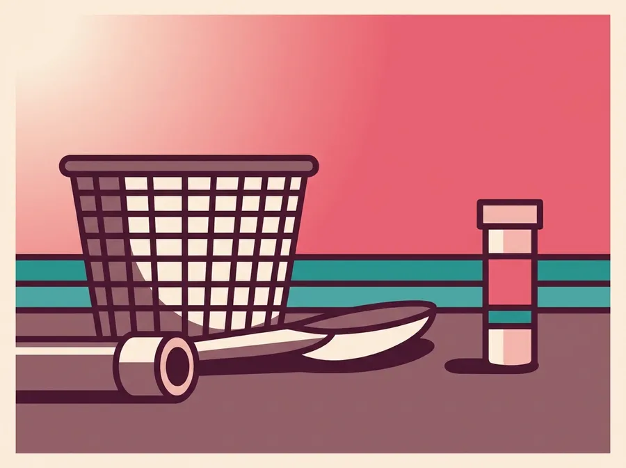 Illustrated still life of pool-service hand tools: a skimmer net's mesh basket, a water-test vial with a color gradient, and a pool pole cross-section, arranged on a coping-edge ground plane. Not a photograph of this business's own equipment.